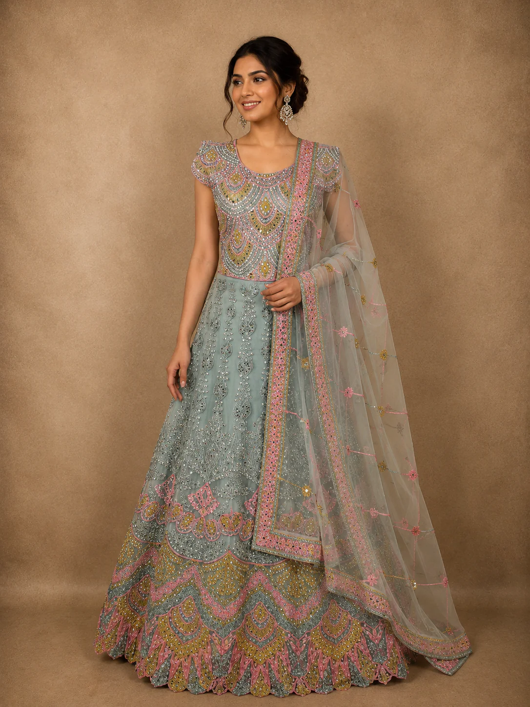 Muted Steel Blue Floral Sequins Embroidered Design Net Gown with Dupatta